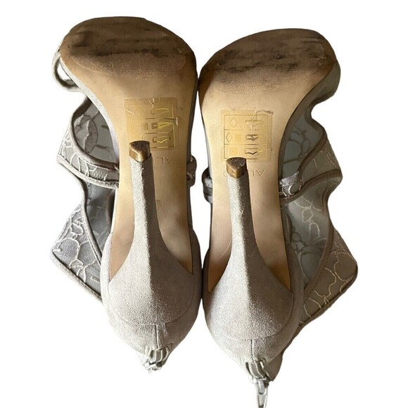 ALDO Beige Suede Embroidered Mesh Open Toe Strappy Back Zip High Heels Women 7.5 - Picture 9 of 13